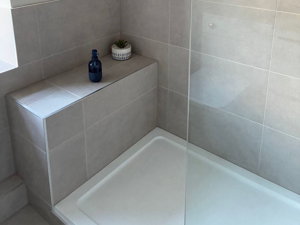 A shower with a soap dispenser and a small plant at Hen Stabl at Tyn Llan, Llanbadrig Cemaes