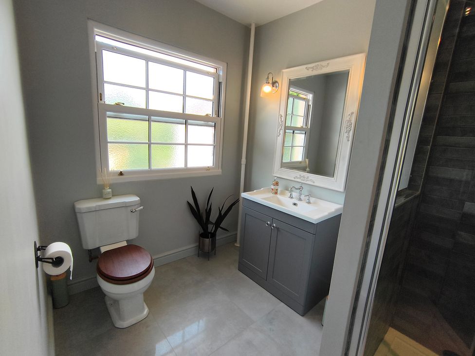 A bathroom with toilet, sink, mirror and shower at Bardon Hill Manor near Coalville