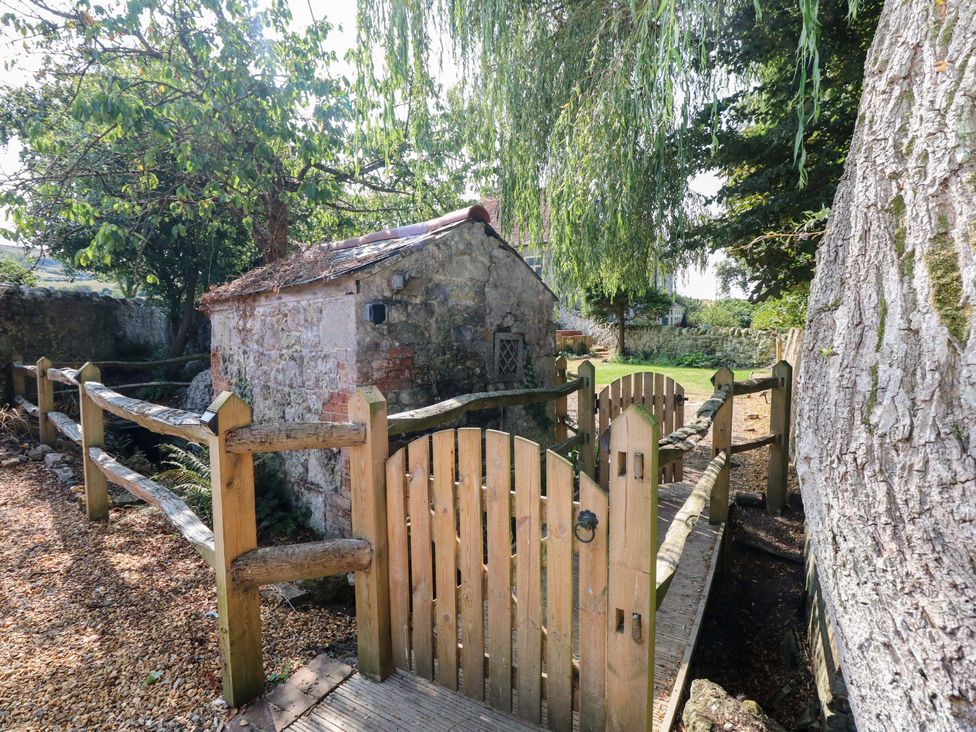 An outdoor area with a shed and wooden fence at Glebe Garth Chale near Niton