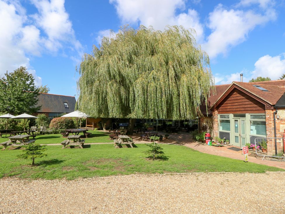 An outdoor area with picnic tables and a willow tree at Glebe Garth in Chale near Niton