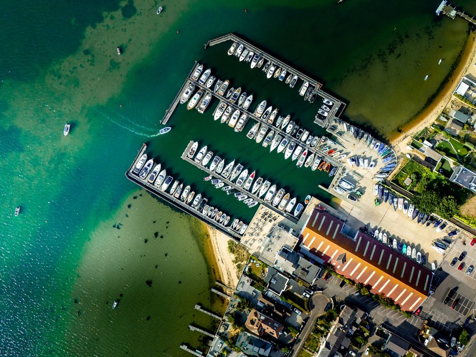 An aerial view of a marina with boats at Seaheaven