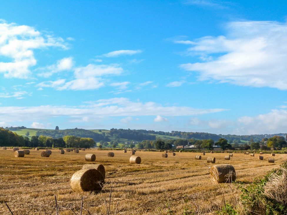 A field with hay bales and hills at Figgy Cottage in Ripon