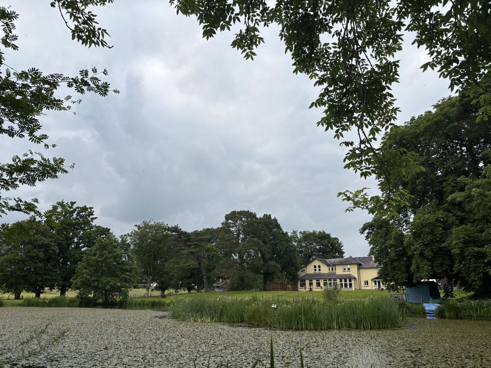 A house near a pond surrounded by trees at Glanrannell Park House Crugybar near Brechfa
