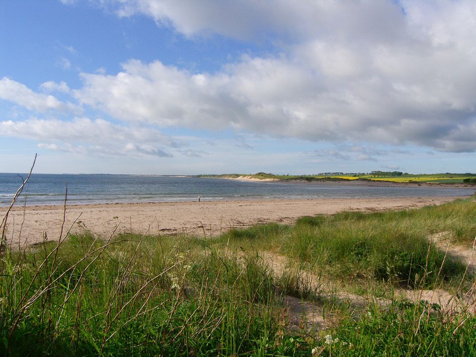 A beach with sand and water at Seafield Coach House in Alnmouth