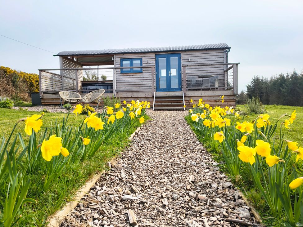 A wooden hut with a path lined by flowers at Fir Tree Shepherd's Hut in Llanon
