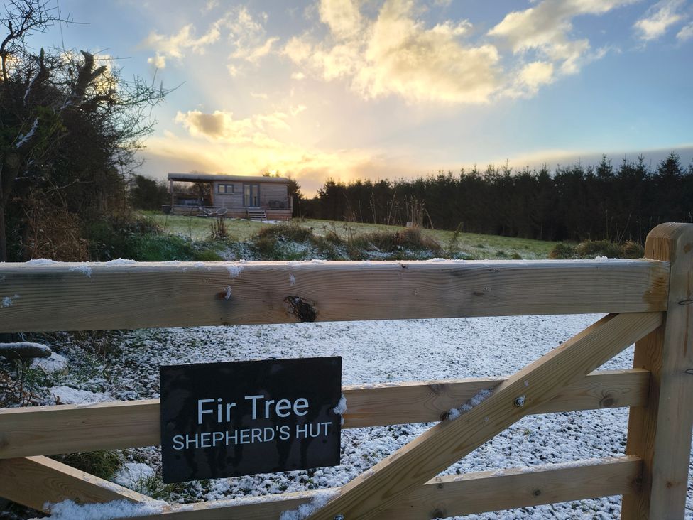 A shepherd's hut visible beyond a wooden gate at Fir Tree Shepherd's Hut in Llanon