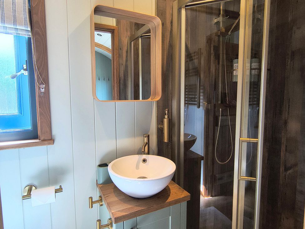 A bathroom with a sink and shower at Fir Tree Shepherd's Hut in Llanon