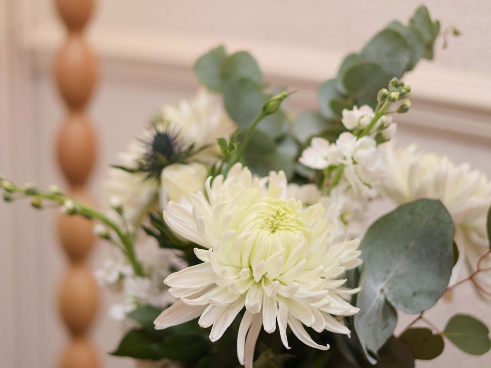 A bouquet of white flowers and greenery at Wayside Farm Dairy Cottage Cloughton near Burniston