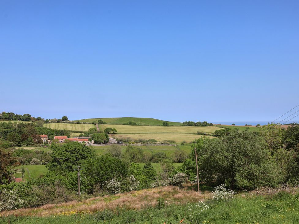 A landscape view of fields and trees at Wayside Farm Cart Cottage in Cloughton near Burniston