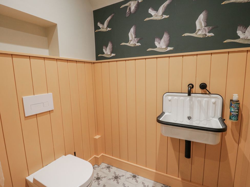 A bathroom with a toilet and a sink at Twyn Isaf in Borth