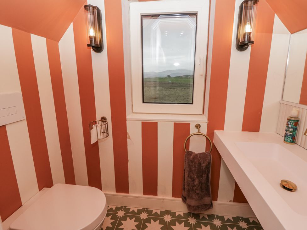 A bathroom with a toilet, sink, and window at Twyn Isaf Borth