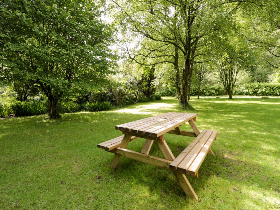 A picnic table on grass surrounded by trees at Ty Bedwen in Dinas Mawddwy