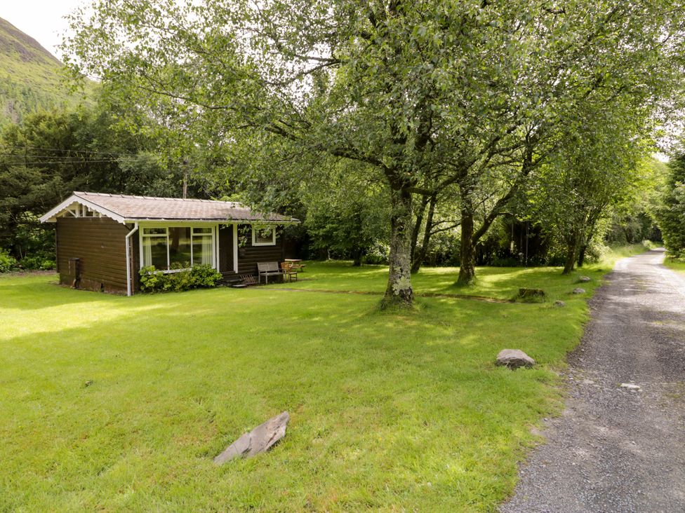 A cabin surrounded by trees and grass at Ty Bedwen in Dinas Mawddwy