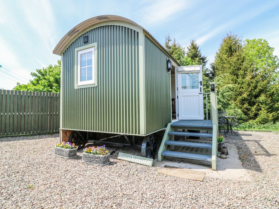 A small green corrugated metal cabin on wheels with steps leading to an open white door surrounded by gravel and trees at Airlie Burnside near Forfar