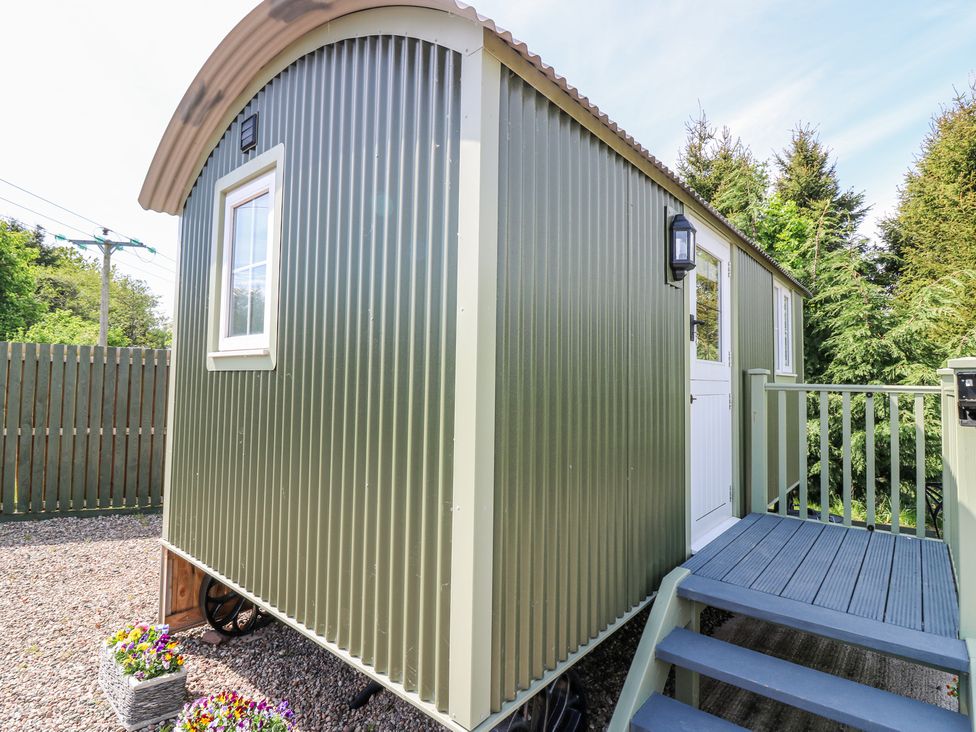 An exterior view of a small green corrugated metal cabin with a white door and window a small porch with blue stairs and railing and flowers in pots at the base of the cabin at Airlie in Burnside near Forfar