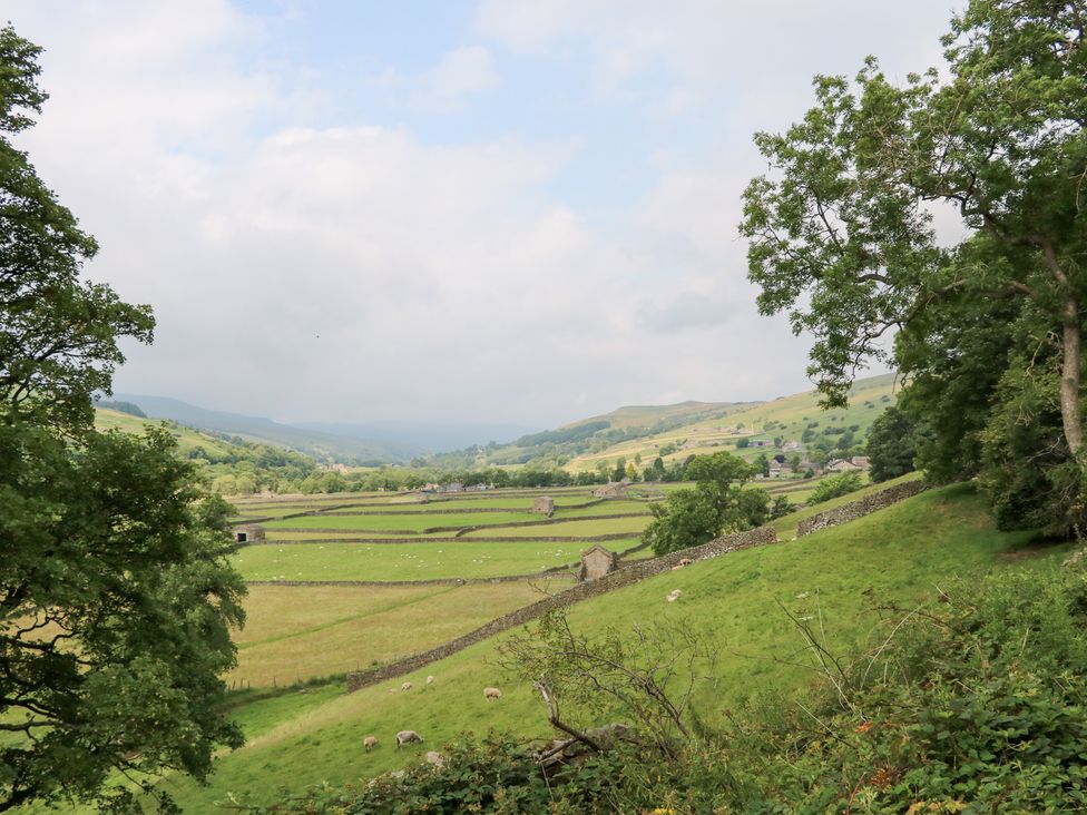A landscape view of rural fields and stone walls near South View, Gunnerside, Gunnerside near Reeth