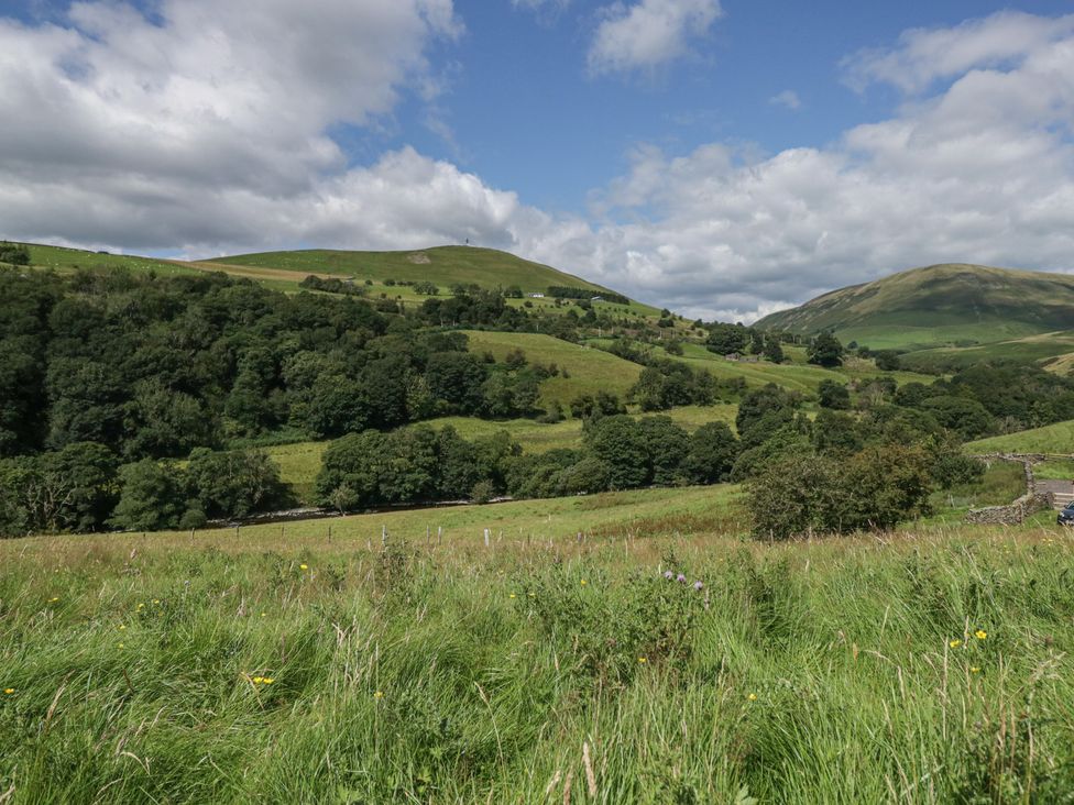 A rural landscape with hills and trees at Howgill Head in Kendal