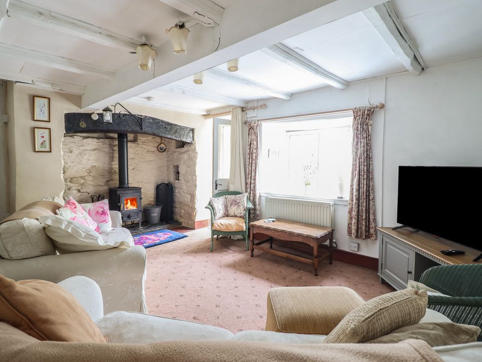 A living room with a fireplace and a television at Hafod in Llangollen