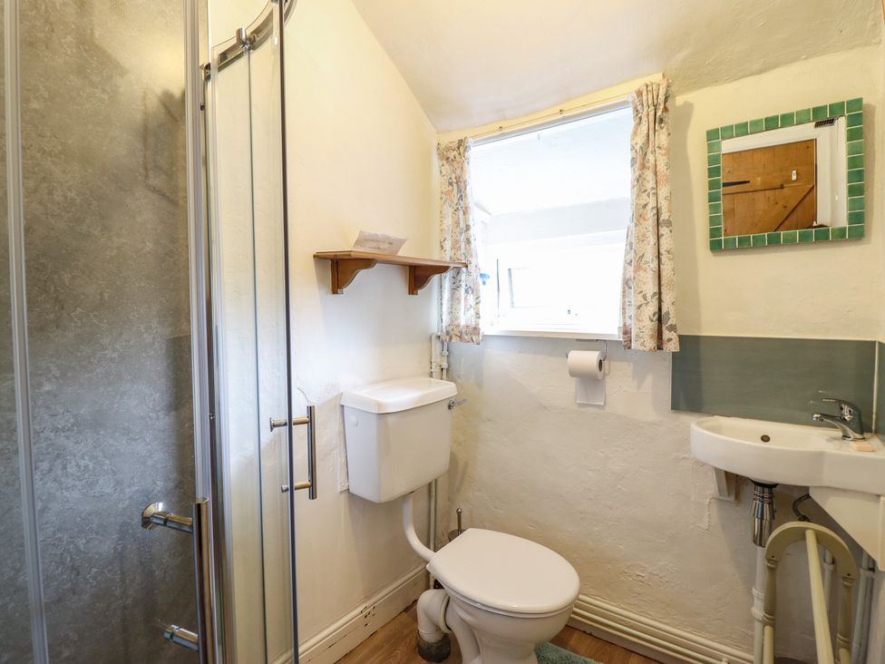 A bathroom with a shower, toilet, and sink at Hafod in Llangollen