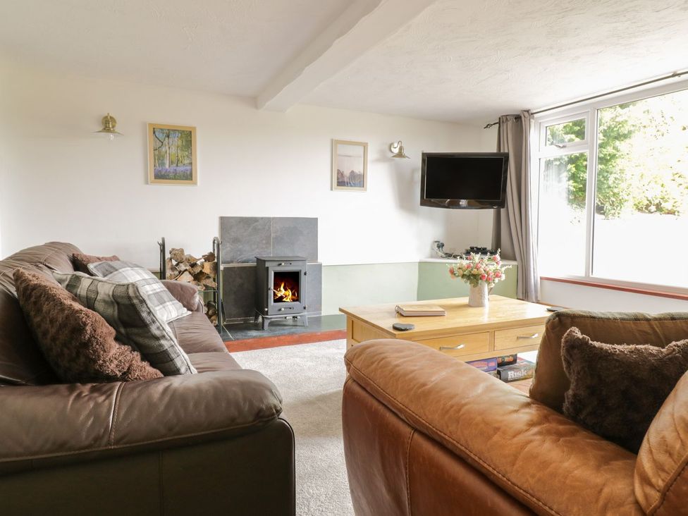 A living room with a fireplace and sofa at Cyffdy Cottage - Aran Bala