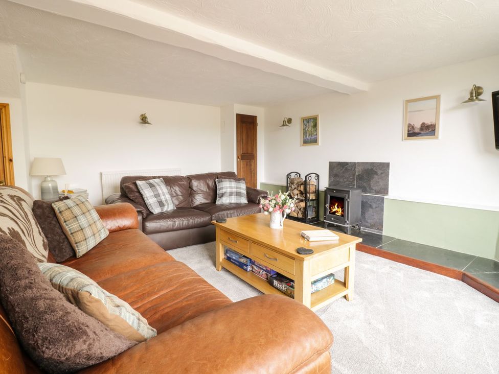 A living room with a sofa and a fireplace at Cyffdy Cottage - Aran in Bala