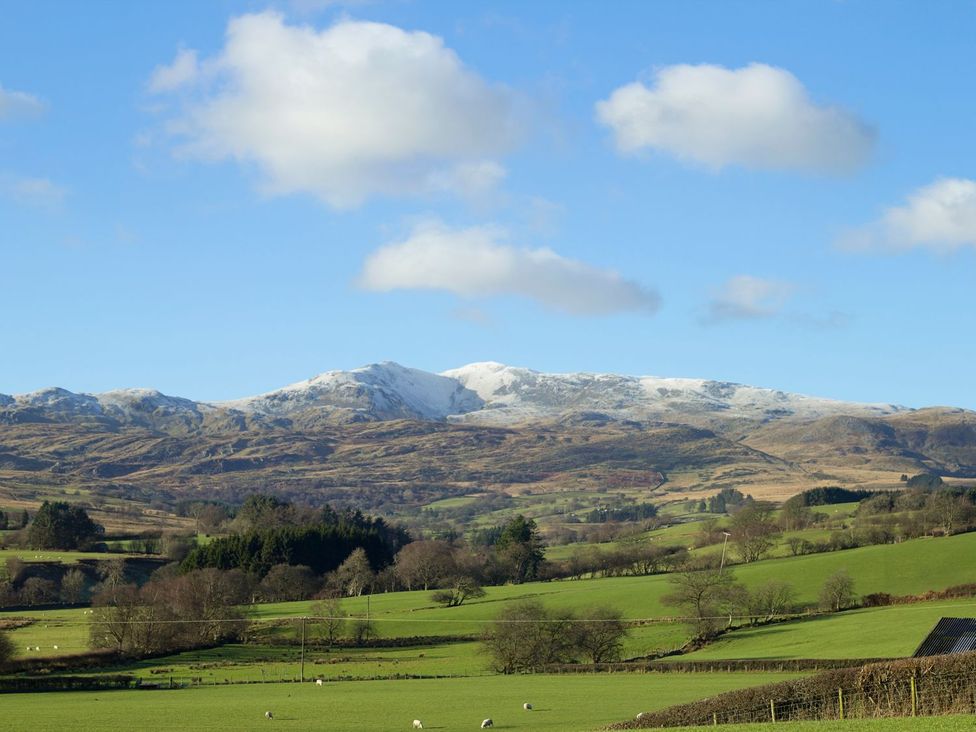 A landscape showing mountains and sheep in a field at Cyffdy Cottage - Tegid in Bala