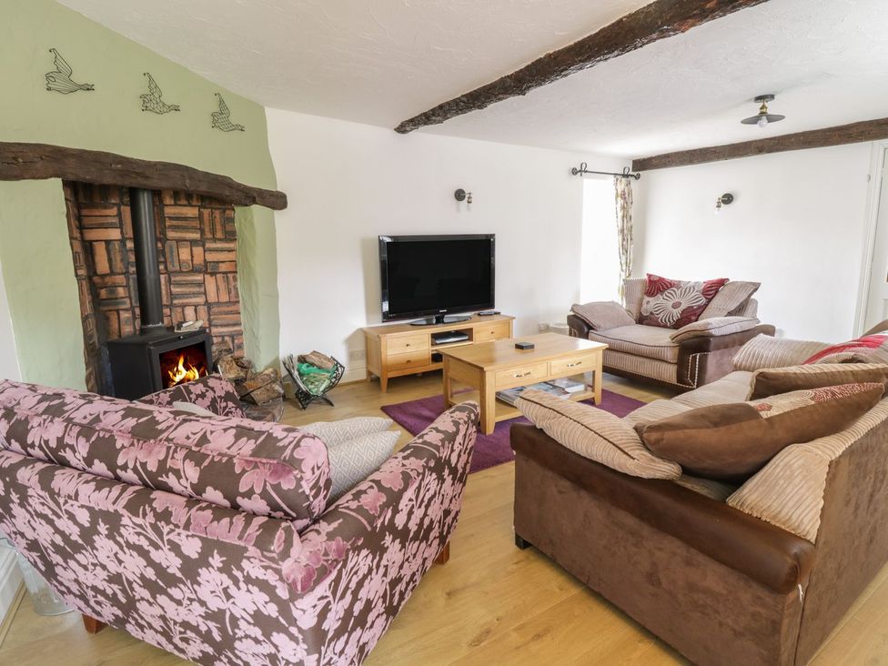 A living room with sofas and a television at Cyffdy Cottage - Tegid in Bala