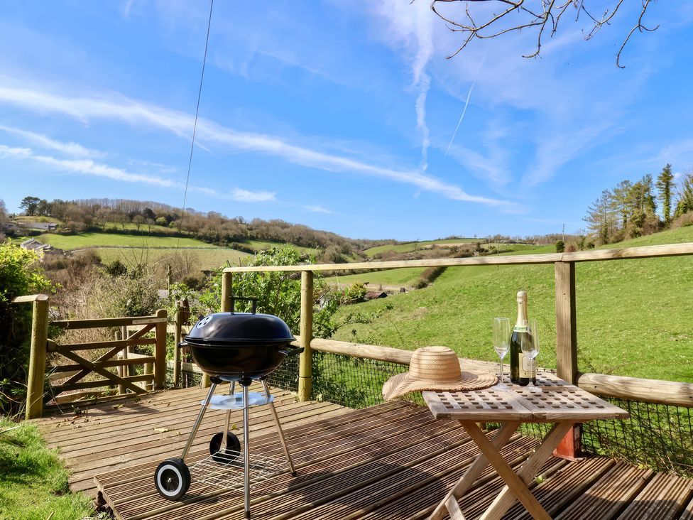 A wooden deck with a barbecue grill a small table with a sunhat champagne bottle and glasses overlooking green fields at Beer View Cottage in Beer