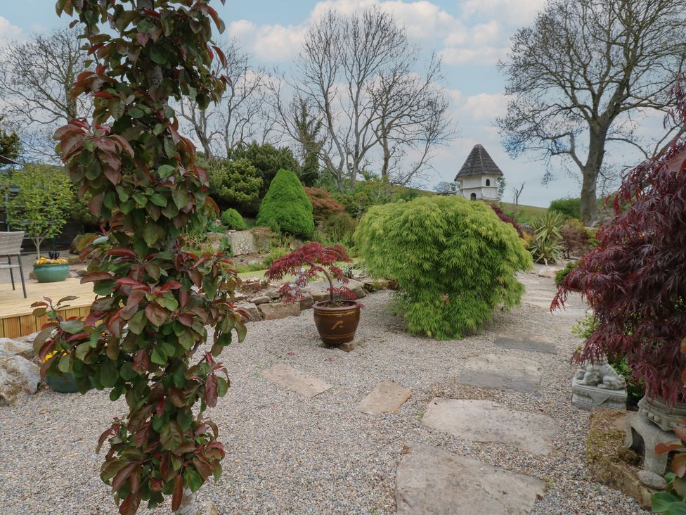 A garden with gravel pathways potted plants and trees with a birdhouse in the background at Pagecroft Cottage in Haydon Bridge