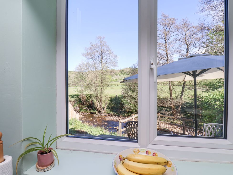 A window overlooking trees and a stream with a bowl of bananas and a plant on the windowsill at Whinstone Cottage in Esk Valley near Grosmont