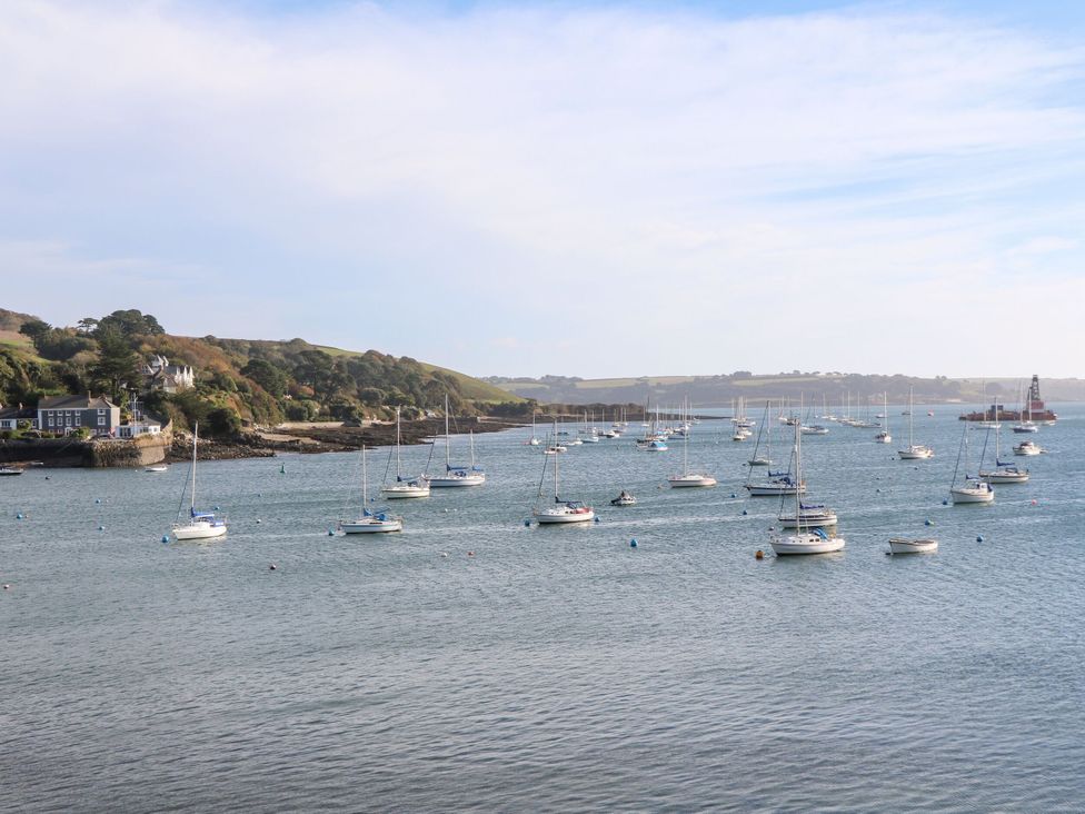 A seascape with boats in the water at Treliance in Truro