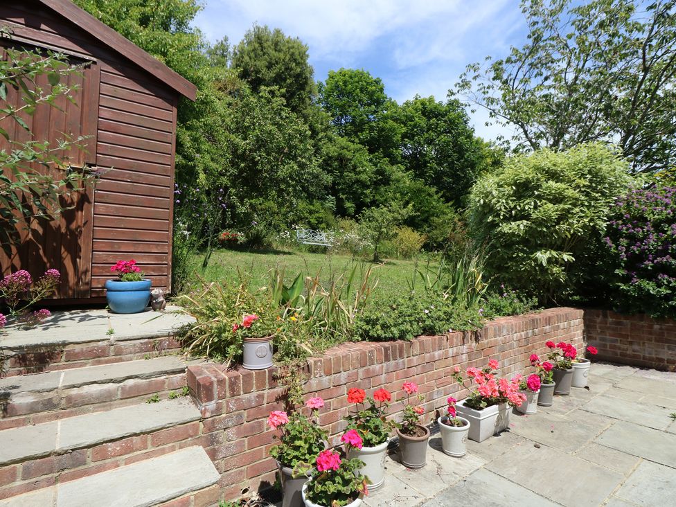 A garden with a shed and potted plants at Poppy Cottage in Ventnor