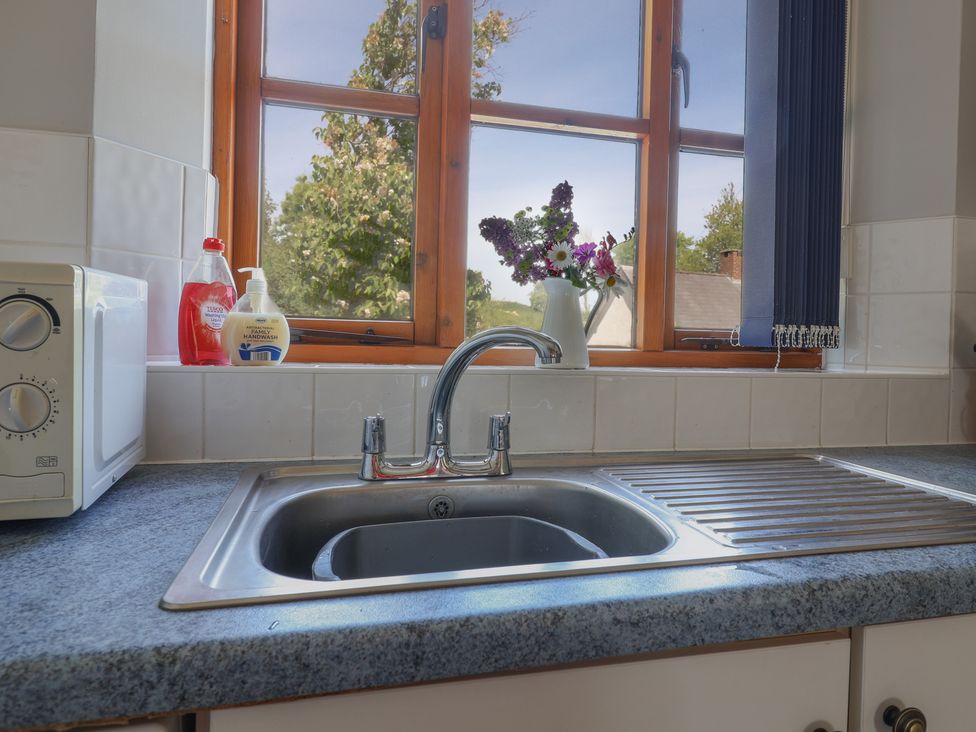A kitchen sink with a faucet next to a draining board a microwave on the left and flowers in a vase on the windowsill at Megs Roost in Shute near Colyton