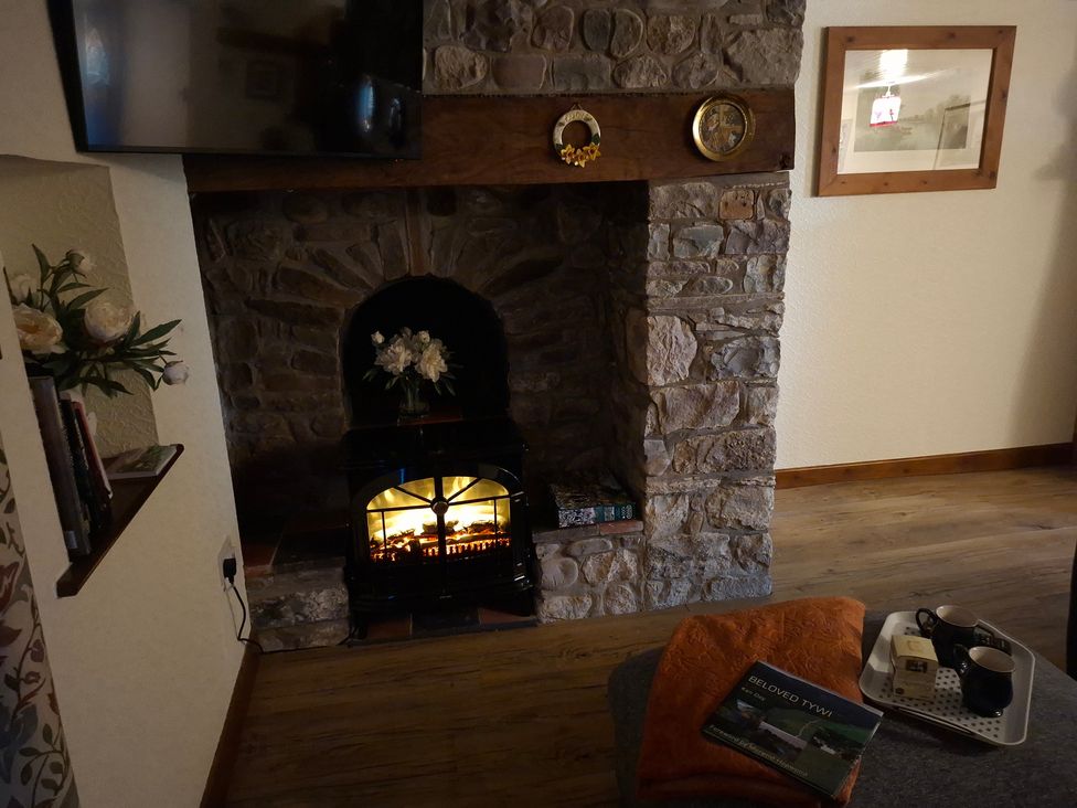 A living room with a fireplace and television at Dolcoed in Llandeilo