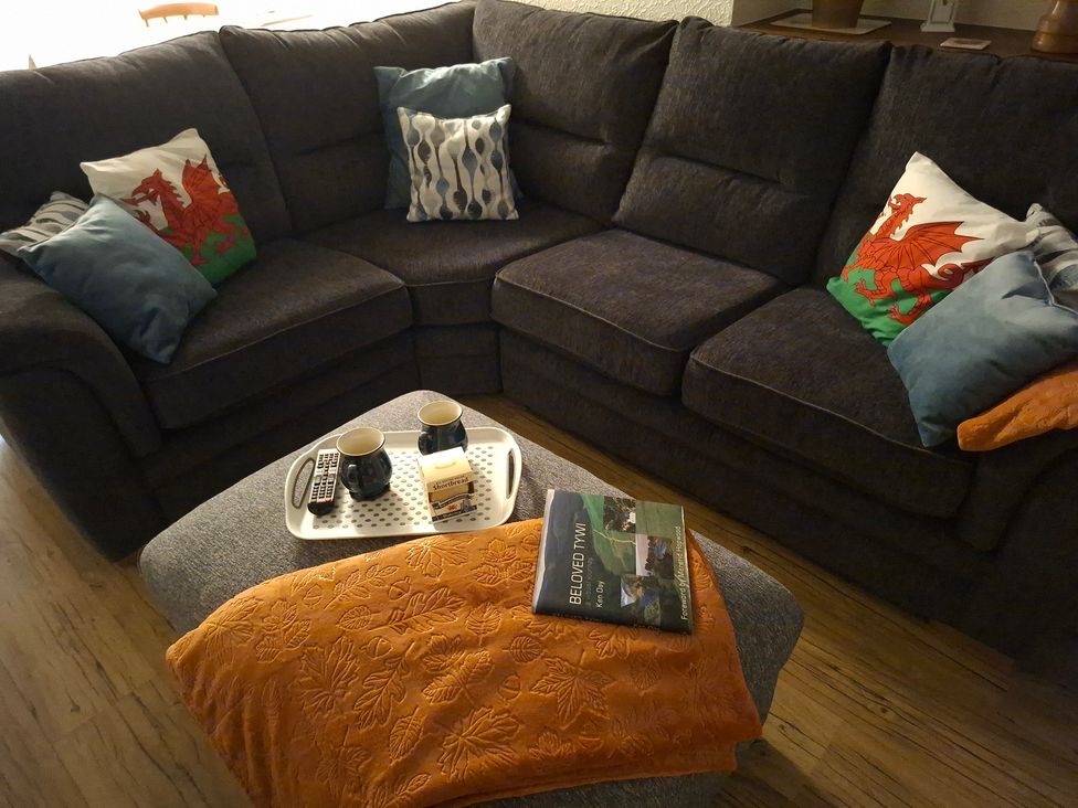 A living room with a sofa, cushions, mugs, and a book at Dolcoed in Llandeilo