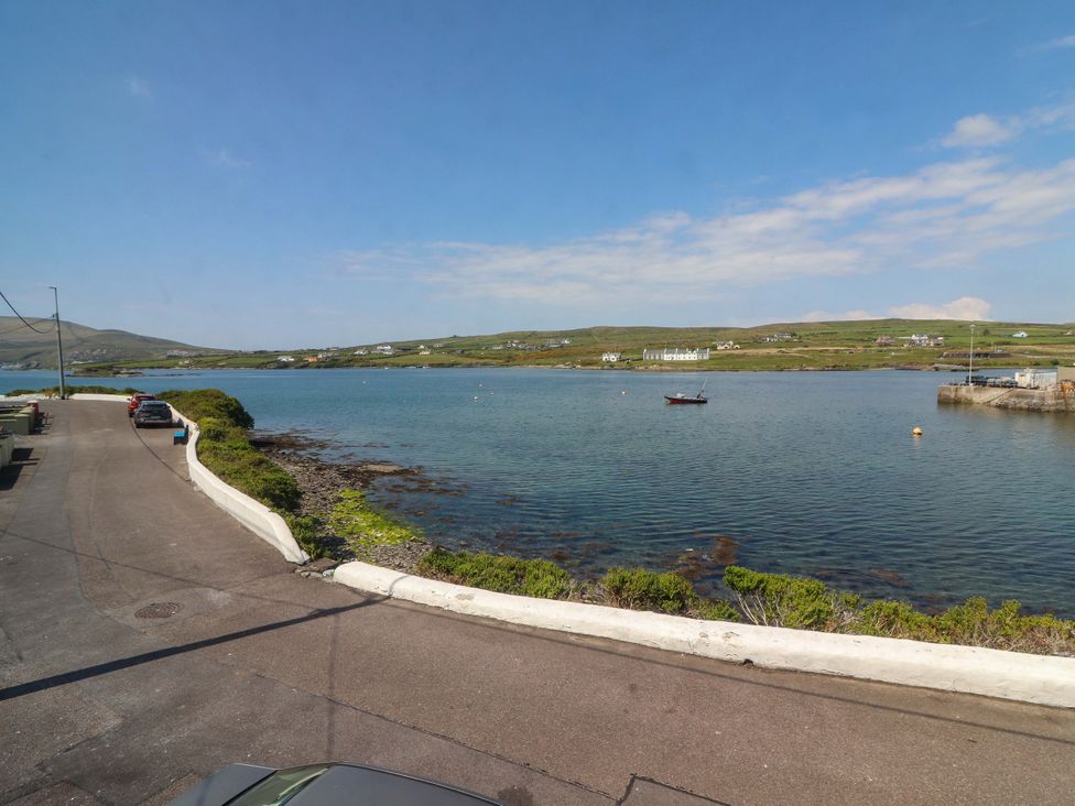 A view of the water and road with cars at O'Conells in Portmagee