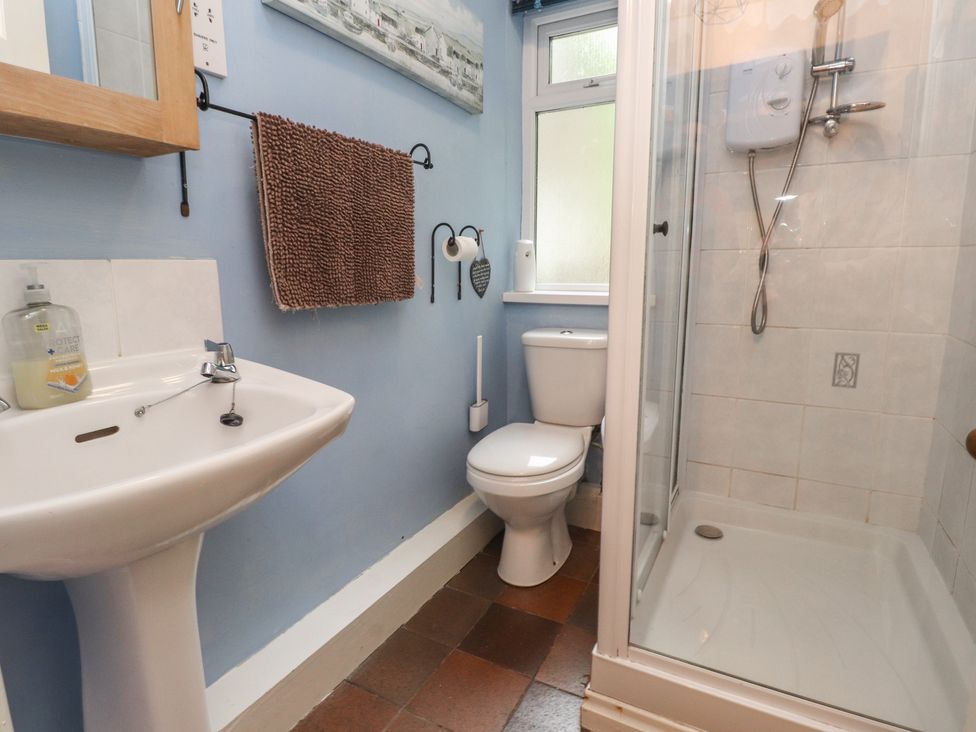 A bathroom with sink, toilet, and shower at Tryfan Cottage in Nant Gwynant