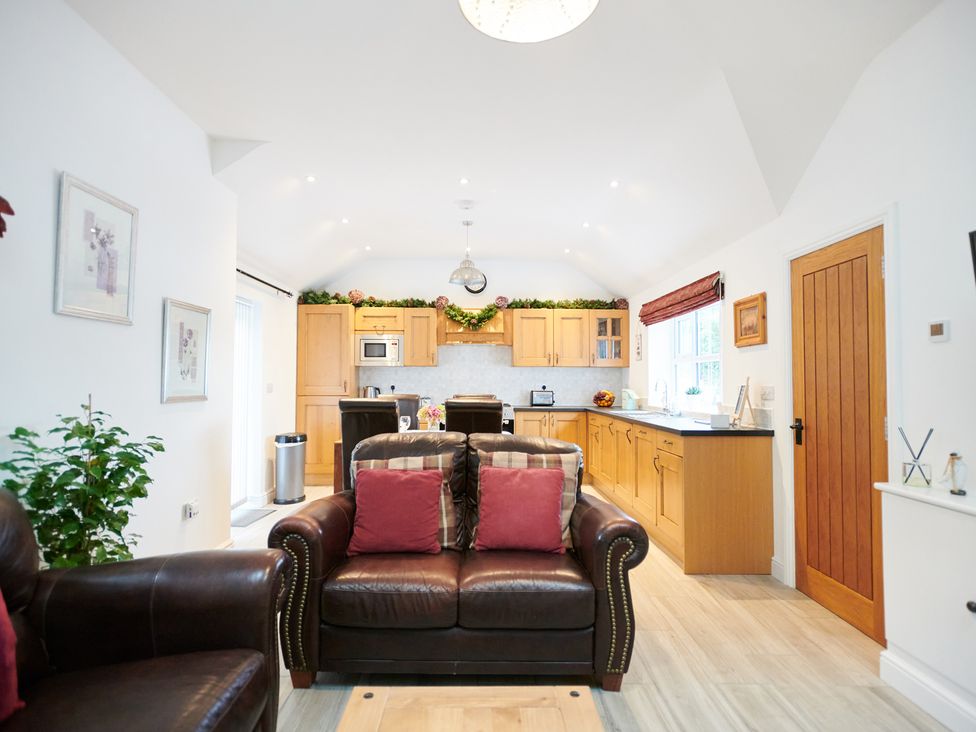 An open plan living room and kitchen with leather sofas and wooden cabinets at Annexe at Ty Moel Isaf in Pengorffwysfa near Amlwch