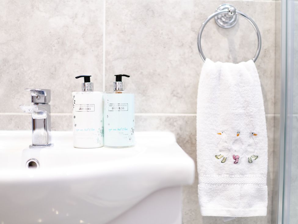 A bathroom sink with two pump bottles of hand wash and a white towel with embroidered ducks hanging on a ring at Annexe at Ty Moel Isaf in Pengorffwysfa near Amlwch