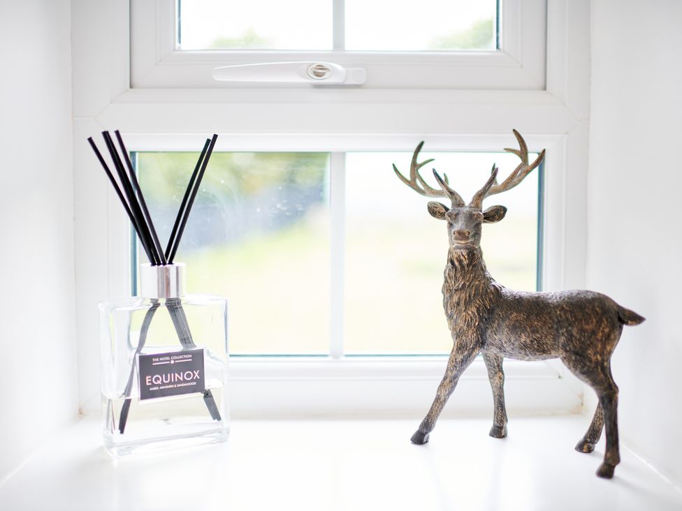 A windowsill with a reed diffuser labeled Equinox and a decorative deer figurine at Annexe at Ty Moel Isaf in Pengorffwysfa near Amlwch