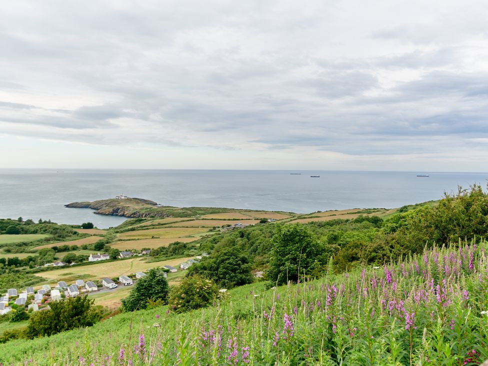 A coastal landscape with a hillside of purple flowers and greenery overlooking fields, houses, a rocky headland with a building, and the sea with ships at Annexe at Ty Moel Isaf in Pengorffwysfa near Amlwch
