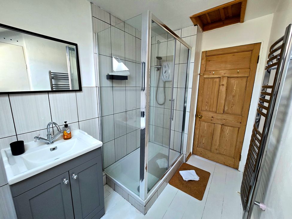 A bathroom with a shower and sink at Picket Mead Southleigh near Colyton