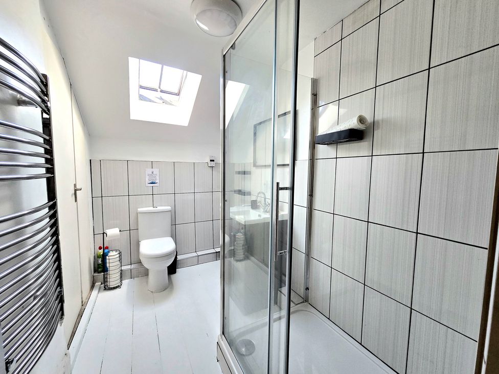 A bathroom with a shower and toilet at Picket Mead Southleigh near Colyton