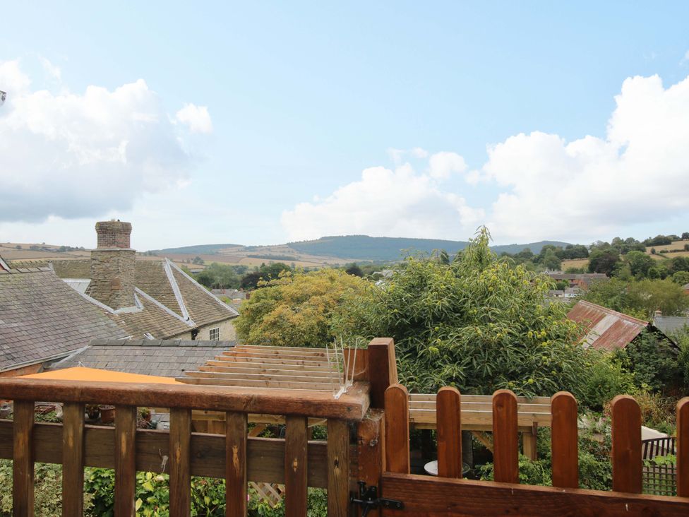 A view from a balcony showing trees and mountains at 41 High Street, Bishop's Castle
