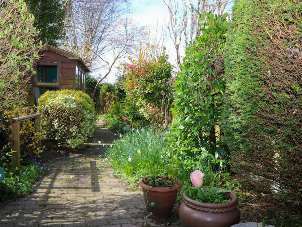 A garden with a pathway and shed at 70 High Street in Canterbury
