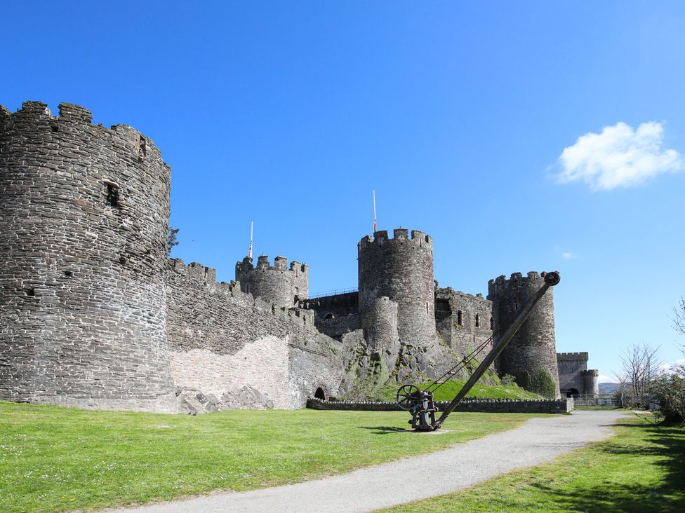A castle with stone towers and a catapult in a grassy area at The Hayloft in Llysfaen