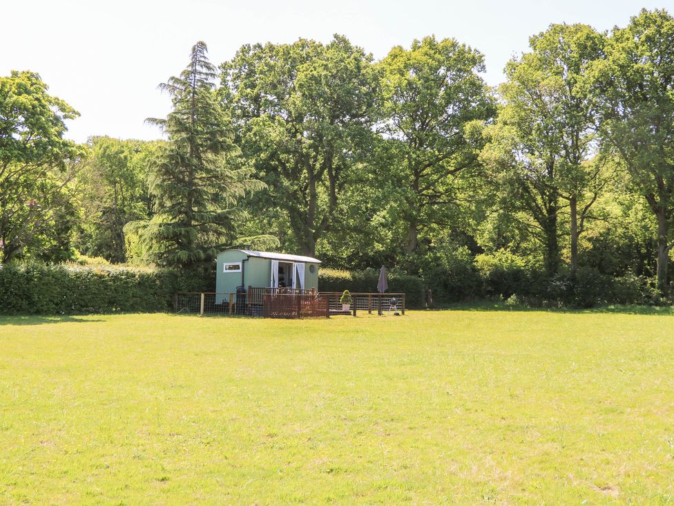 A green small trailer with a wooden deck and outdoor furniture in a grassy field near trees at Songbirds in St Michaels Kent
