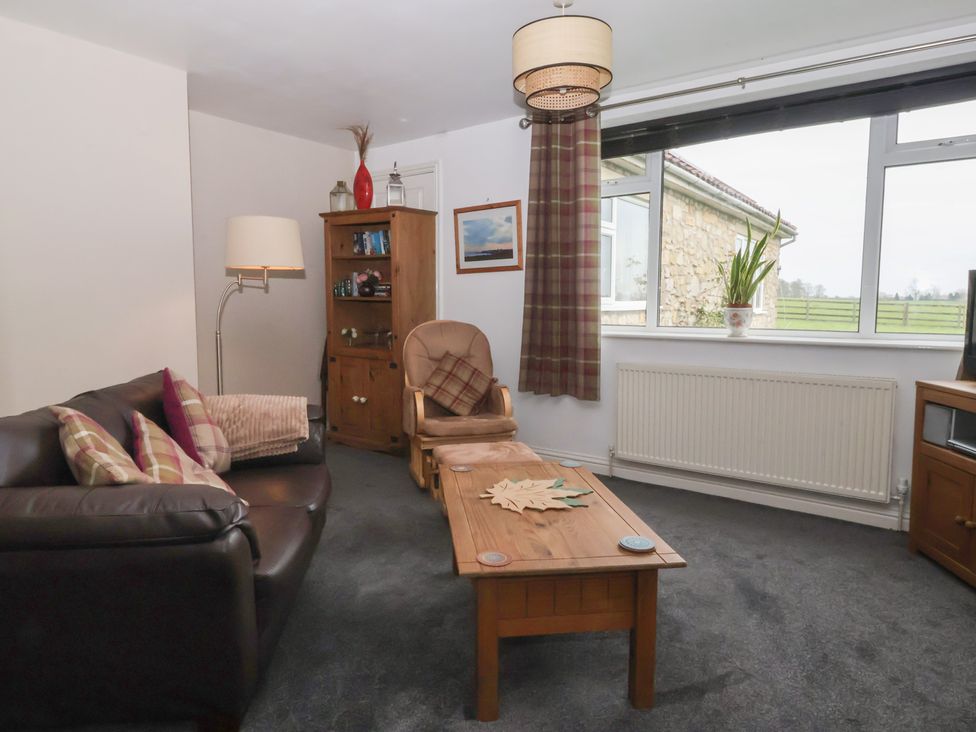 A living room with a sofa and bookshelf at Walnut Cottage in Helmsley