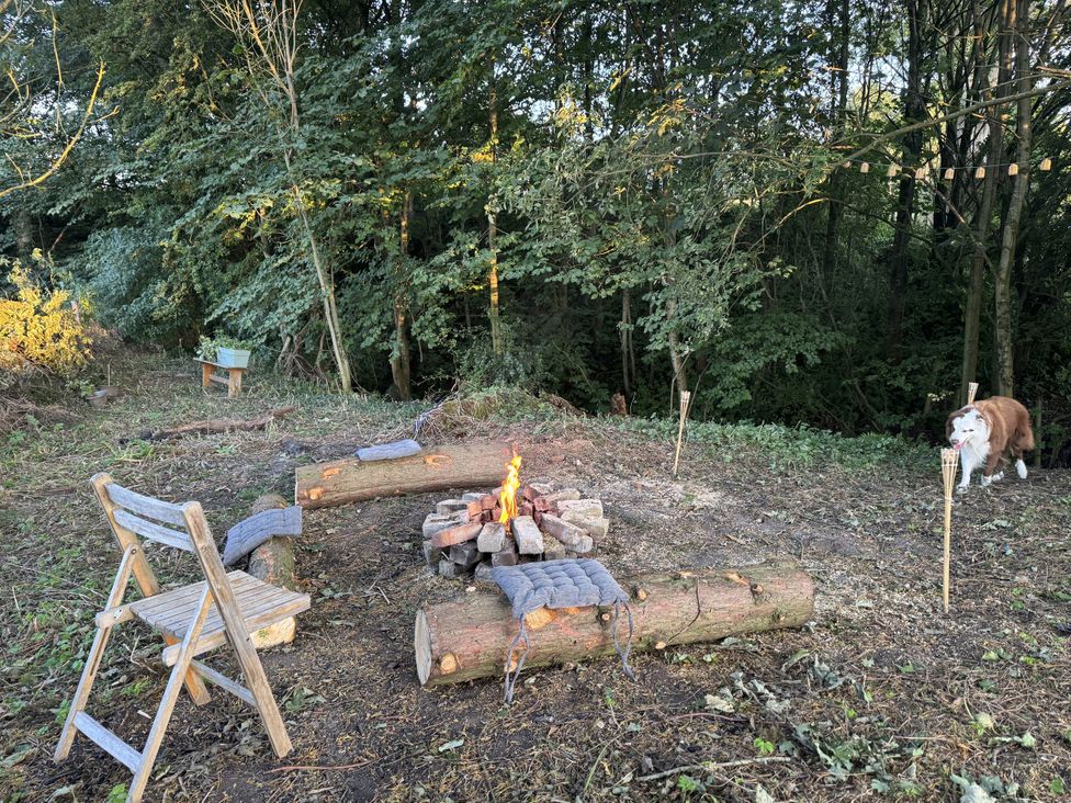 An outdoor fire pit area with seating and a dog at Yew Tree Cottage