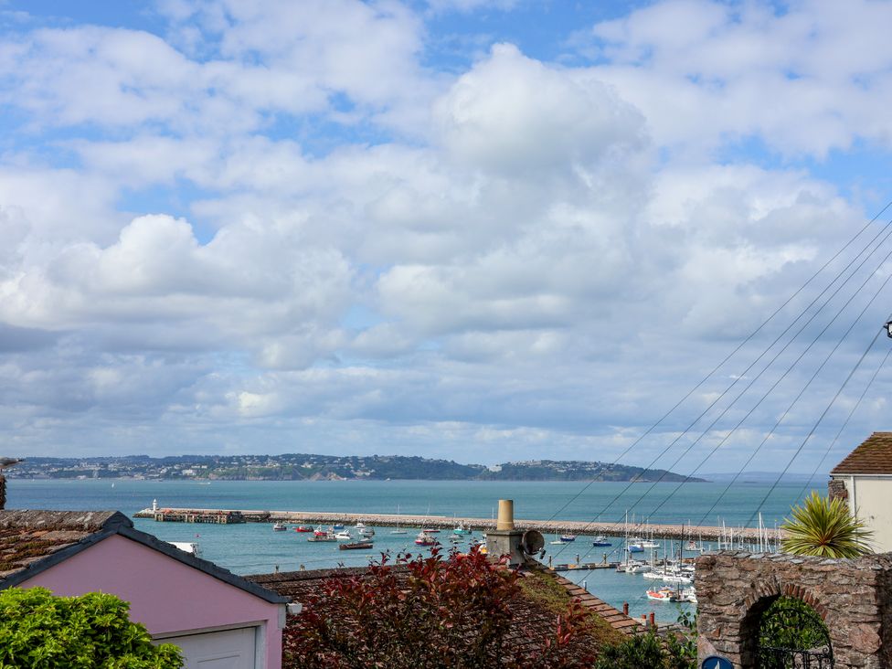 A view of a harbor with boats and a pier at 45 North View in Brixham